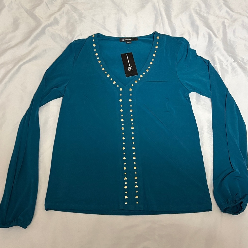 INC International Concepts Teal Studded Long Sleeve Top